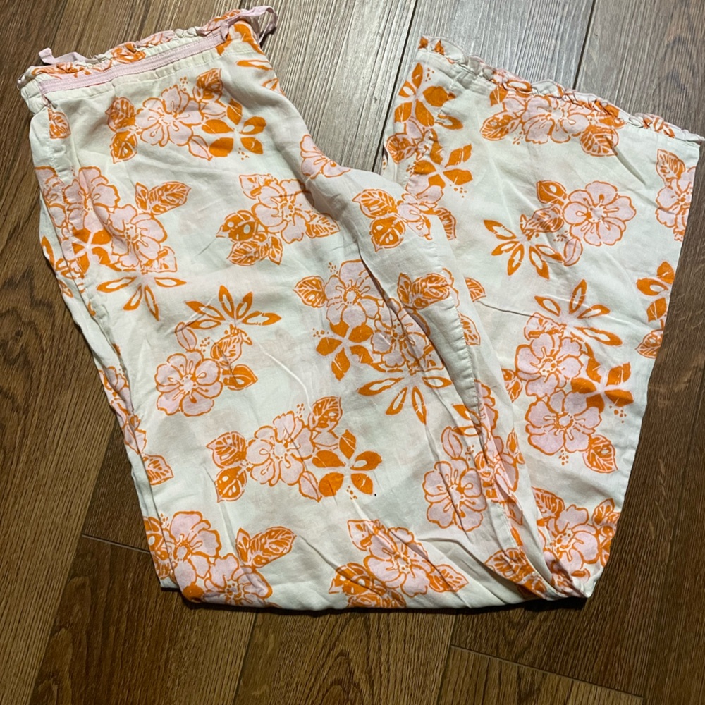 Victorias Secret Y2K Orange & White Floral Print Lounge Pajama Pants Ruffle Hem